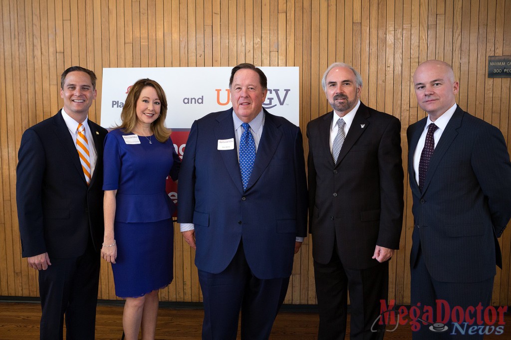 UTRGV on Thursday announced a $1 million gift from PlainsCapital Bank for scholarships. University and community leaders, along with a large contingent of PlainsCapital representatives, gathered at the newly named Plains Capital Bank Theater in the Student Union for the announcement. Shown from left are PlainsCapital Bank Market President Michael Williamson; UTRGV Vice President for Advancement Dr. Kelly Cronin; PlainsCapital Bank Chairman Alan White; UTRGV President Guy Bailey; and PlainsCapital Bank Brownsville Market President Raul Villanueva. (UTRGV photo by Paul Chouy)