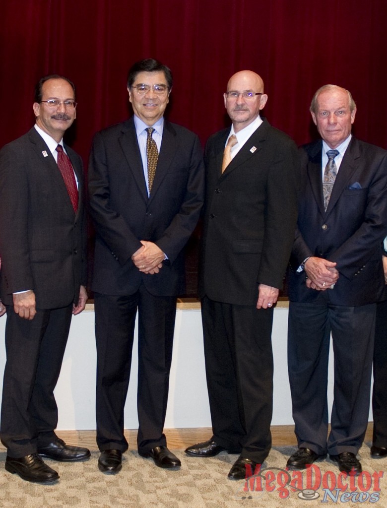 Pictured left to right during León's visit are UTPA Provost and Vice President for Academic Affairs Dr. Havidán Rodríguez; Dr. León; UTPA President Dr. Robert S. Nelsen; and UTB Provost and Vice President of Academic Affairs Dr. Alan F. J. Artibise.