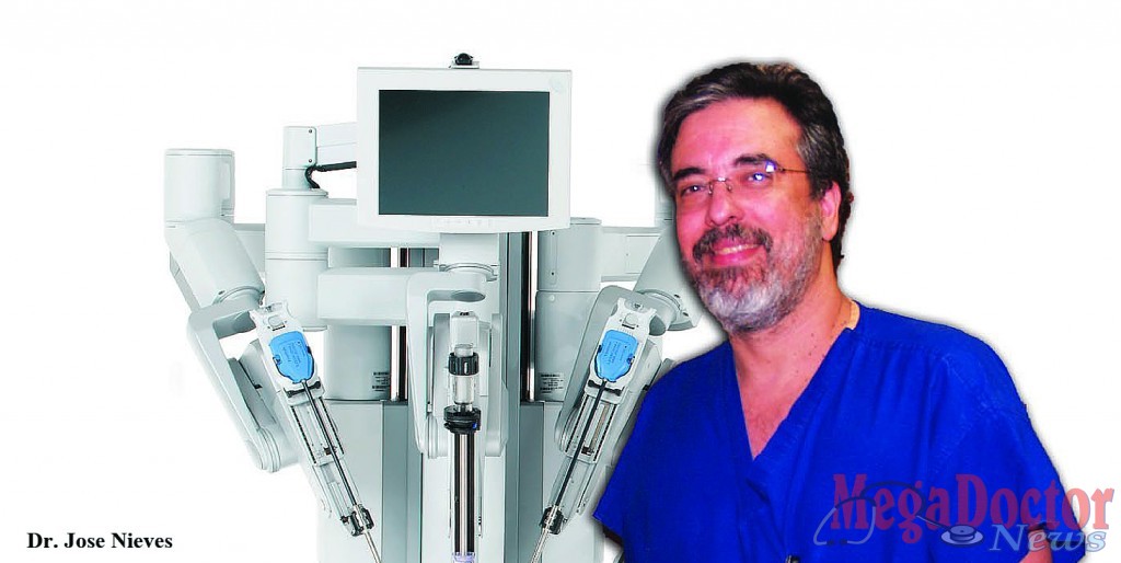 Obstetrician-Gynecologist Dr. Jose Nieves controlls the robotic arms that provide a high precision method to perform various types of surgeries.  The surgeon inserts surgical instruments and a camera through small incisions.  The physician can precisely guide the instruments using high-definition monitors, which greatly magnify the area of the surgery.   