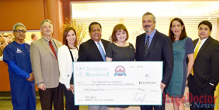 Dr. Javier Cortinas, DHR Board Member; Eliseo Salinas, VAMOS Board Secretary; Maritza Rodriguez, VAMOS Executive Director; Johnny Oliva, VAMOS Board Vice President; Sonia Falcon, VAMOS Board President; Dr. Carlos Cardenas, DHR Chairman of the Bard; Susan Turley, DHR President; and Israel Rocha, DHR CEO. 