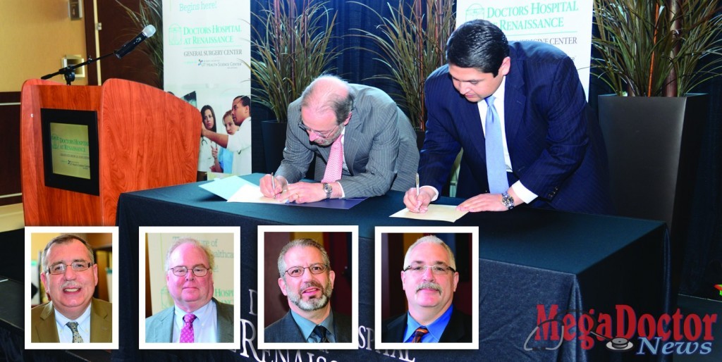 Picture in the background L-R: Francisco González-Scarano, M.D., Dean of the School of Medicine at the UT Health Science Center at San Antonio and Israel Rocha, Jr., Chief Executive Officer, DHR as they celebrated the ceremonial signing of the Graduate Medical Education Affiliation between DHR and UT Health Science Center which took less than fourteen months to make it happen.  Small photos from L-R: Amer Malas, M.D., FACP; John Michael Breen, M.D., FACOG; Eron G. Manusov, M.D. and Charles M. Richart, M.D., FACS, FCCM. Photos by Roberto Hugo Gonzalez 