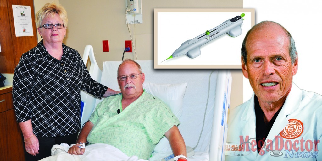 1-Picture on the right- New  Device  To  Treat  Heart  Patients  - Dr. Charles Mild, Cardiologist, performed the Valley’s first procedure Tuesday morning (April 15, 2014) using a “Diamondback 360® Coronary Orbital Atherectomy System,” which will be used to treat high-risk heart patients at Valley Baptist Medical Center in Harlingen. 2-Picture on the left- 1st Patient  for  New  Type  Of  Heart  Procedure -- Douglas Anklam, age 62, a Harlingen resident originally from Michigan, became the first patient in the Valley to undergo a new type of heart procedure using a “Diamondback 360® Coronary Orbital Atherectomy” device at Valley Baptist Medical Center in Harlingen, on Tuesday (April 15, 2014).  Mr. Anklam and his wife Linda, above, said they hope the new type of treatment will allow them to get back to walking and other activities – and to visiting their nine grandchildren. 3-Picture on the top right- New Treatment Device For Heart Patients  - The new “Diamondback 360® Coronary Orbital Atherectomy” device at Valley Baptist Medical Center in Harlingen is used to gently sand away plaque and calcium inside the patient’s blood vessels.   The extremely-small device, resembling a wire, spins inside the artery, creating centrifugal force to sand away fatty material and calcium in arteries that have narrowed over time. 