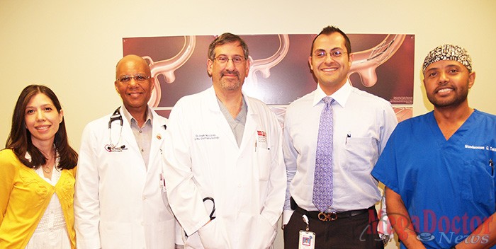 Celebrating the opening of a second “bi-plane” Cardiac Catheterization Laboratory to treat Valley heart and stroke patients at Valley Baptist Medical Center in Harlingen are, from the left, Dr. Victoria Parada, Board-Certified Vascular Neurologist and Clinical Director of Neurosciences and the Stroke Program at Valley Baptist-Harlingen; Dr. Farley Neasman, Interventional Cardiologist; Dr. Frank Mazzola, Cardiac Electrophysiologist; Dr. Ameer Hassan, Endovascular Neurologist; and Dr. Wondwossen Tekle, Endovascular Neurologist.