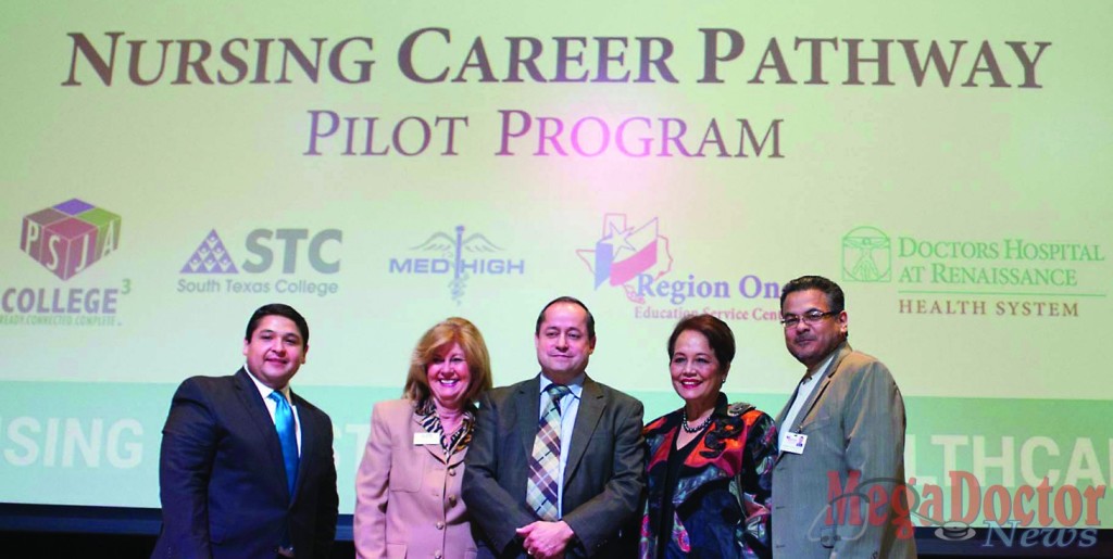 PHOTO CAPTION: Nursing Program - (from left) Israel Rocha, DHR CEO; Dr. Shirley A. Reed, STC President; Dr. Daniel P. King, PSJA ISD Superintendent; Dr. Marla Guerra, South Texas ISD Superintendent; and Dr. Eduardo Cancino, Region One ESC Deputy Director.