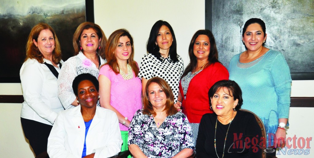 Helping to plan a first-ever “Red Ball” to benefit education to fight strokes in the Valley are: from the left in the front row, Maureen Rattray, RN, BSN, Clinical Director for the Orthopedics Unit at Valley Baptist Medical Center- Harlingen; Cary Montalvo, CEO for Solara Hospital in Harlingen and Brownsville; and Sandra Lopez-Langley, Business Development Officer with First Community Bank in Brownsville.  In the back row are Teri Retana, Chief Marketing Officer for Valley Baptist Health System; Emma Leal of Lower Valley Home Health; Summer Jemeza Hassan, wife of Dr. Ameer Hassan, Endovascular Neurologist with Valley Baptist Medical Center; Dr. Victoria A. Parada, Board-Certified Vascular Neurologist and Clinical Director of Neurosciences and the Stroke Program at Valley Baptist-Harlingen; Jennifer Sanchez, Vice President for Retail Banking with First Community Bank of San Benito; and Glenda Garza-Ledesma of Harlingen.