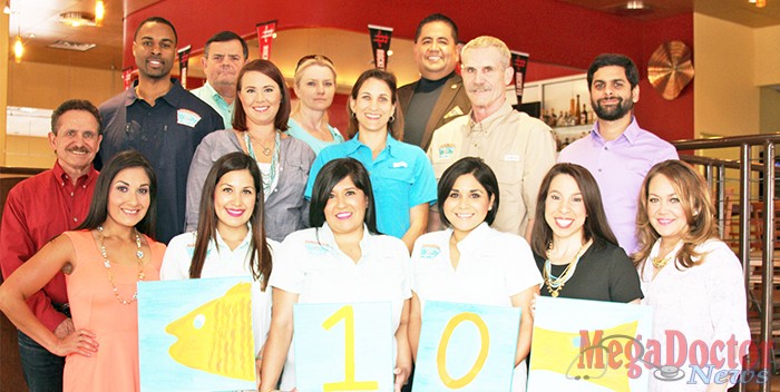 Pictured above The 2015 “Fishing for Hope” Tournament Committee celebrate 100 days until the 10th Annual “Fishing for Hope” tournament! (from left to right) [back rows] – Juan Peña; Travis McAlpine, Physician Liaison, DHR; Sidney Dromgoole, Owner, Sid’s Upholstery; Kelli Quin, Manager of Corporate Communications, DHR; Alex Ambriz, Director of Materials Management, DHR; Rebecca Stocker, Executive Director, Hope Family Health Center; Mario Lizcano, Director of Corporate Affairs, DHR; Chico Meyer, Vice President of Special Projects, DHR; Juan Navarro, Contract Manager, DHR.[front row] – Pryscilla Jasso, Executive Director, Border Health PAC; Laura Peña; Kristina Moran, Physician Relations Coordinator, DHR; Minerva Echols, Community Events Liaison, DHR; Elisa Mares, Community Events Coordinator, DHR; Marissa Castañeda, Senior Executive Vice President and Chief Operations Officer, DHR. Not Pictured: Susan Turley, President, DHR; Dr. Noel Oliveira; Dr. Robert Martinez, Chief Physician Executive and Chief Medical Officer, DHR; Suzanne Peña; Dr. Raul Barreda.