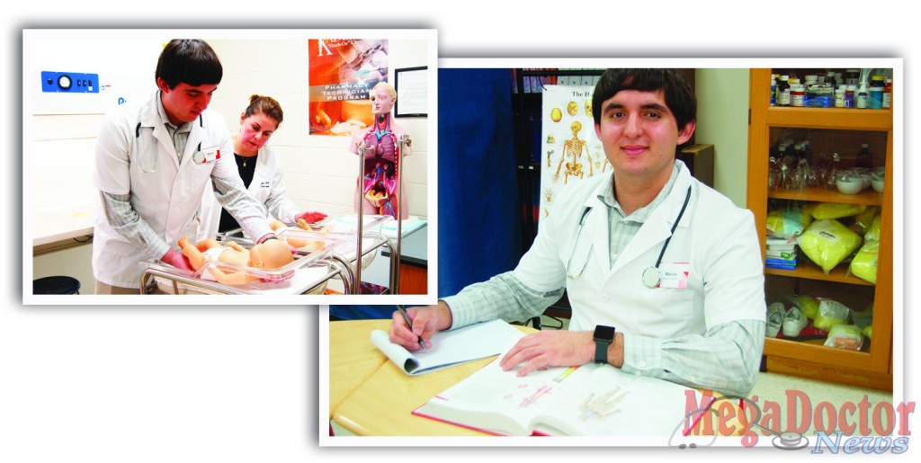 Photo on the right: Marco Cruz, while still in Sharyland High School, wants to be a doctor and he is already putting his time to be able to accomplish his dreams. Photo on the left: Marco Cruz, a future doctor in training, is supervised by one of his teachers. 