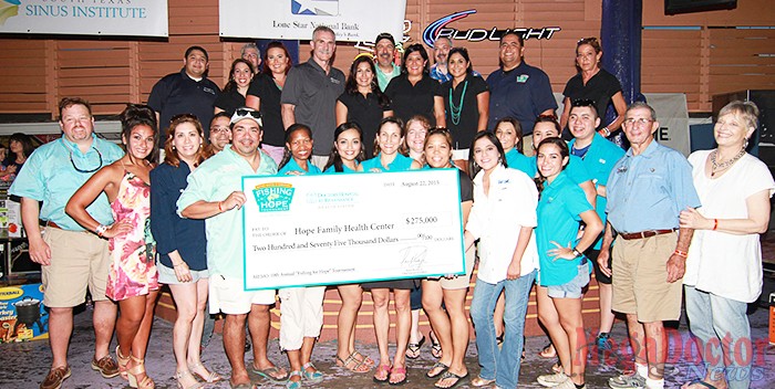 Pictured $275,000 check presentation at the 10th annual “Fishing for Hope” tournament.  (from left to right) [back row] Israel Rocha, CEO, DHR; Marissa Castaneda, Senior Executive Vice President, DHR; Dr. Robert Martinez, Chief Physician Executive and Chief Medical Officer, DHR; Kelli Owen Quin, Manager of Corporate Communications, DHR; Chico Meyer, Vice President of Special Projects, DHR; Kristina Moran, Physician Relations Coordinator, DHR; Dr. Noel Oliveira; Minerva Echols, Events Representative, DHR; Dr. Carlos Cardenas, Chairman of the Board, DHR; Elisa Mares, Community Events Coordinator, DHR; Mario Lizcano, Director of Corporate Affairs, DHR; Susan Turley, President, DHR. [front row] Michael Koch, Board Member, HFHC; Laura Peñna; Yvette Ramos, Board Member, HFHC; George Garcia, Board Member, HFHC; Dr. Raul Barreda; Thabiso Batsell, HFHC; Roxanne Pacheco, HFHC; Rebecca Stocker, Executive Director, HFHC; Nancy Saenz, HFHC; Zelena Escobar, Board Member, HFHC; Elsa Menchaca; Angie Neely, HFHC; Denis Avitia, HFHC; Gina Solis, HFHC; Edward Arteaga, HFHC; Dr. Alberto Gutierrez; Clare Gutierrez, Board Member, HFHC.