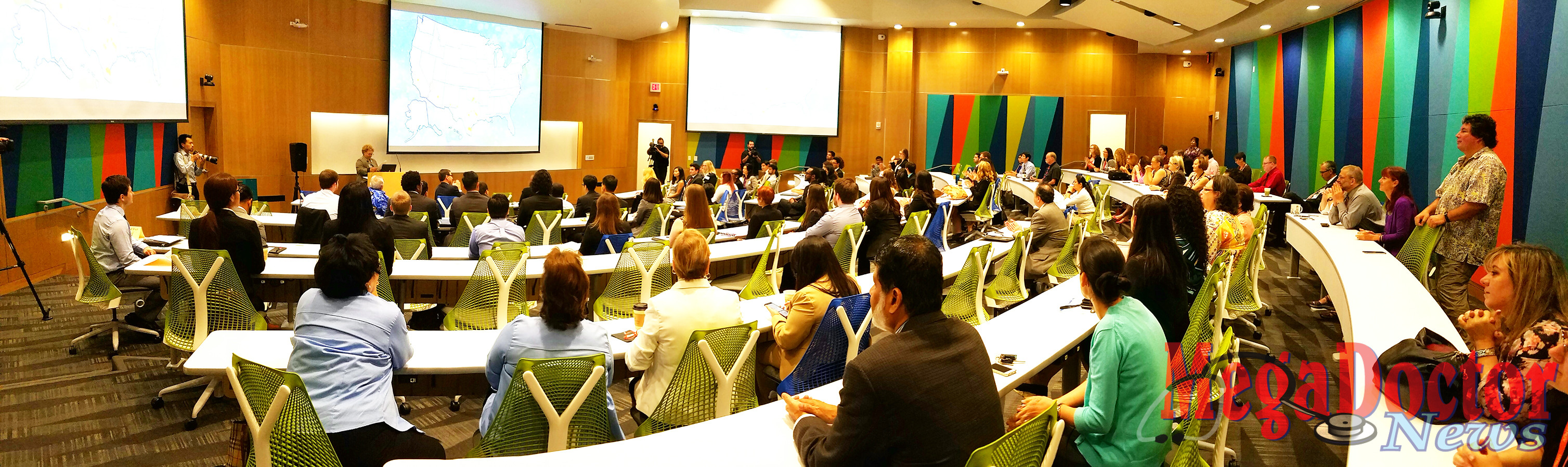 The first cohort of The University of Texas Rio Grande Valley School of Medicine came together at 8 a.m. Monday, June 27, 2016, for roll call, shown here. In all, 55 students from across the Valley, Texas and the country comprise the first class of future physicians. (UTRGV photo by David Pike.)