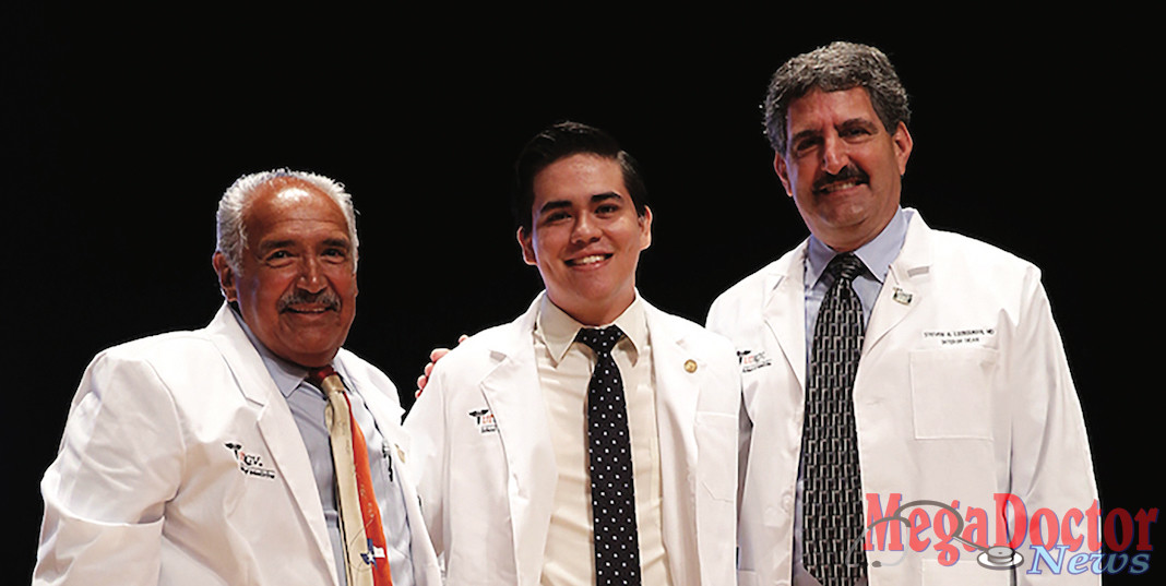 Pictured above from L-R: Doctor Frank Fernandez, UTRGV professor of Psychiatry and Neurology, Corey Fuentes and UTRGV School of Medicine and Interim Dean Steve Lieberman pose at Corey’s white coat ceremony.