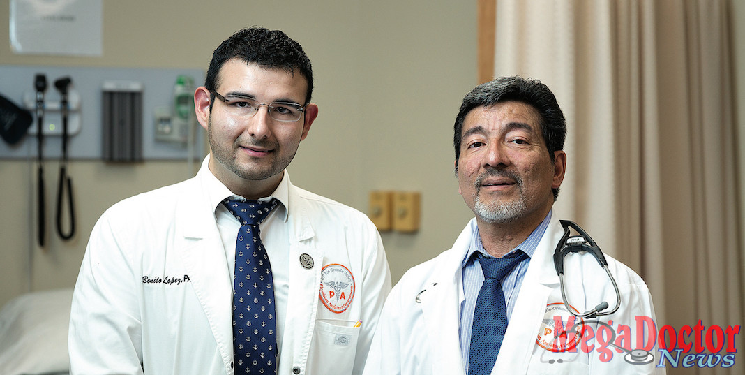 The UTRGV Department of Physician Assistant Studies, in the College of Health Affairs, has received approval from the Accreditation Review Commission on Education to enlarge its physician assistant master’s program over the next three years. Frank Ambriz (at right), chair of the department, said the MPAS degree paves the way for a high-demand career for students like Benito Lopez (at left), who is on track to graduate with the MPAS in December. (UTRGV Photo by Paul Chouy)