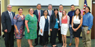The UTRGV School of Medicine held a reception to welcome the inaugural cohort of medical residents for its Family Practice Residency Program with Knapp Medical Center. From left are Dr. Rene Lopez, CEO of Knapp Medical Center; Alexandra Smith, program coordinator for the Knapp Medical Center/UTRGV Family Practice Residency Program; Dr. Yolanda Gomez, associate dean for Graduate Medical Education, UTRGV School of Medicine; Dr. Miguel Sanchez Rivas, medical resident; Dr. Rosemary Recavarren, chief medical staff, Knapp Medical Center; Dr. Steven Lieberman, interim dean, UTRGV School of Medicine; medical residents Dr. Carolina Gomez De Ziegler, Dr. Eddy Berges, Dr. Eliana Costantino-Burgazzi, Dr. Diego Moreno Dr. Marita Sanchez Sierra Marino; and Dr. Miguel Tello, incoming chief of staff for Knapp Medical Center, associate director of the Knapp Family Practice Residency Program and associate professor in the UTRGV School of Medicine Department of Family Medicine. (UTRGV Photo by Paul Chouy)