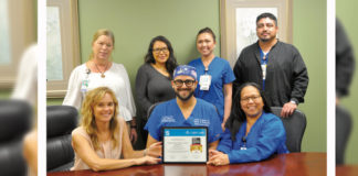 From left to right: (Front row) Sarah Duzinski, Director of Quality and Systems Improvement, American Heart Association Southwest Affiliate; Dr. Ameer Hassan, Endovascular Neurologist and Director of Neuroscience Program at Valley Baptist-Harlingen; and Erlinda Abantao, CNRN, Stroke Coordinator at Valley Baptist-Harlingen. (Back Row)  Linda Pierce, RN, Quality Assurance Manager, Valley Baptist-Harlingen;  Anna Manuel, RN, Stroke Data Abstractor, Valley Baptist-Harlingen; Genelyn Barrera, RN, Clinical Supervisor, Stroke Unit, Valley Baptist-Harlingen; and Ruben Tovar, RN, Director of Critical Care Services, Valley Baptist-Harlingen. 