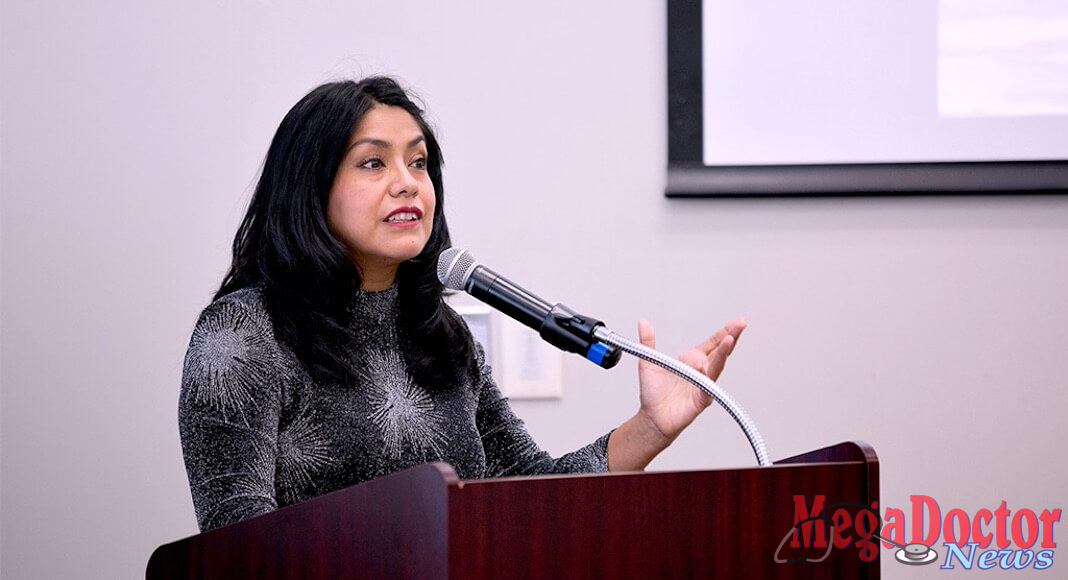 Dr. Teresa Feria Arroyo, UTRGV associate professor of biology, discusses the results of monitoring program of Zika-carrying mosquitoes she and her students conducted earlier this year during a binational conference held Wednesday at the university’s Education Complex Borderlands Room in Edinburg. The binational meeting on the surveillance and control of vector-borne diseases included officials from UTRGV, the Centers for Disease Control and Prevention (CDC), and The National Center of Preventive Programs and Diseases Control (CENAPRECE). (UTRGV Photo by Paul Chouy)