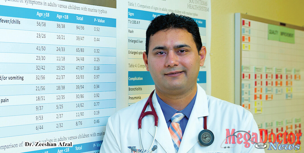 Dr. Zeeshan Afzal, a third-year medical resident in the UTRGV Family Medicine Residency Program at McAllen Medical Center, conducted a study on the prevalence of murine typhus, a flea-borne disease, in the Rio Grande Valley. The study concludes that the primary symptoms – high-grade fever, rash and body ache – often go misdiagnosed and can lead to more serious complications. He is urging primary care physicians to consider murine typhus when treating patients with acute fever. (UTRGV Photo by Paul Chouy)