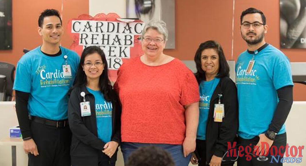 Pictured Above: [From left to right] Ivan Nayfeh, MS, ACSM-CEP, Exercise Physiologist, DHR Health Therapy Institute; Anna Liza Esguerra, RN, OTR Cardiac Rehab Nurse, DHR Health Therapy Institute; Mrs. Linda Bluem, Patient; Cynthia LiVigni, RN, Cardiac Rehab Nurse, DHR Health Therapy Institute; Nathan Castañeda, PT Technician, DHR Health Therapy Institute.