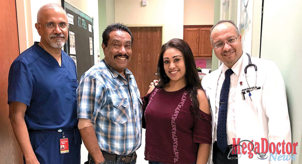 Pictured Above: Mr. Gerardo Hernandez, DHR Health’s first kidney transplant recipient, and his daughter, Ms. Janett Arambula, who donated her kidney to her father, visit the DHR Health Transplant Institute for their one-year follow-up. Mr. Hernandez and Ms. Arambula are joined by Philip Thomas, MD, Transplant Surgeon (left) and Mourad Alsabbagh, MD, Transplant Nephrologist (right)