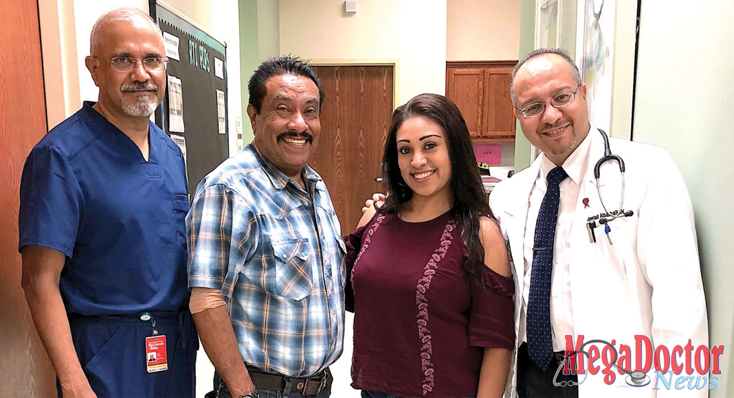 Pictured Above: Mr. Gerardo Hernandez, DHR Health’s first kidney transplant recipient, and his daughter, Ms. Janett Arambula, who donated her kidney to her father, visit the DHR Health Transplant Institute for their one-year follow-up. Mr. Hernandez and Ms. Arambula are joined by Philip Thomas, MD, Transplant Surgeon (left) and Mourad Alsabbagh, MD, Transplant Nephrologist (right)