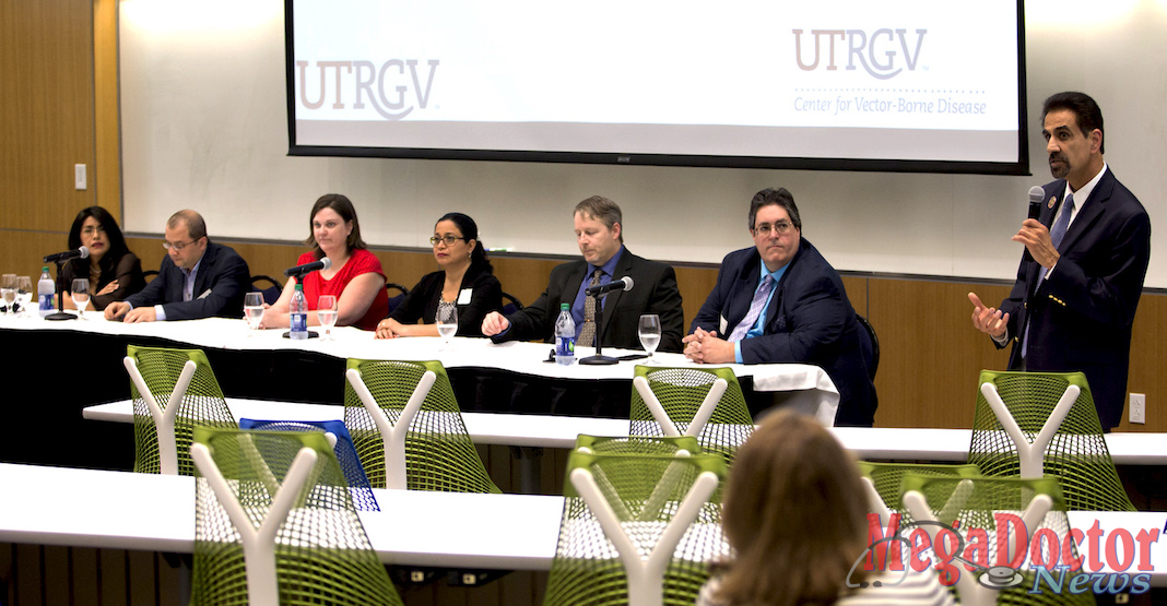 The University of Texas Rio Grande Valley has established the multi-disciplinary UTRGV Center for Vector-Borne Disease (CVBD), a collaborative effort to develop a self-sustaining, research-focused center in South Texas that will study diseases like Zika, chikungunya and dengue. On April 9, the university hosted a panel event on the Edinburg Campus to formally announce and launch the center. Founding members of the CVBD are (from left) Dr. Teresa Feria Arroyo, Dr. Tamer Oraby, Dr. Erin Schuenzel, Dr. Beatriz Tapia, Dr. John M. Thomas II and Dr. Christopher J. Vitek. Speaking is Dr. Parwinder Grewal, UTRGV executive vice president of Research and Graduate Studies and former dean of the UTRGV College of Sciences. (UTRGV Photo by Silver Salas)