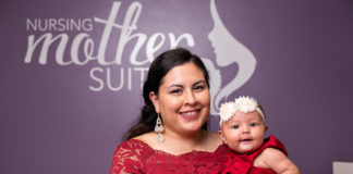 Lizette Leal, International Programs specialist in the UTRGV Office of Global Engagement, shown here with baby Mia, makes full use of the university’s Mother-Friendly Worksite suites. The program provides nursing mothers with specially designated rooms that allow staff, faculty or student moms a safe, clean, private place to breastfeed or pump breast milk. Leal says being able to pump onsite during a workday eases her stress, helps her bonding process with her 5-month-old daughter, and has substantial benefits for the baby. (UTRGV Photo by Paul Chouy)