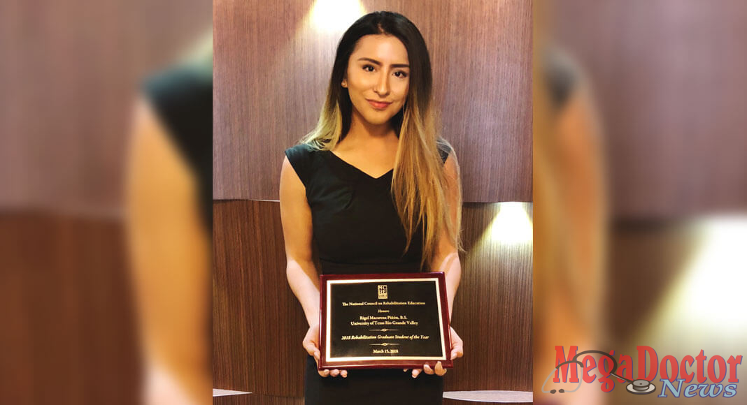 Rigel Piñón of Mission, a UTRGV graduate student in the Master of Science in Clinical Rehabilitation Counseling program, has been named the 2018 National Council on Rehabilitation Education Graduate Student of the Year, the 2018 American Rehabilitation Counseling Association Graduate Student of the Year, and the International Association of Rehabilitation Professionals Graduate Paper of the Year for 2017-2018. She was nominated for all three awards by Dr. Irmo Marini, a UTRGV School of Rehabilitation Services and Counseling professor who has been Piñón’s mentor since 2016. (Courtesy Photo)