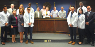 UTRGV President Guy Bailey, School of Medicine Dean Dr. John H. Krouse, Vice President for Governmental and Community Relations Veronica Gonzales and eight future physicians thanked Commissioners Court for its steadfast support.