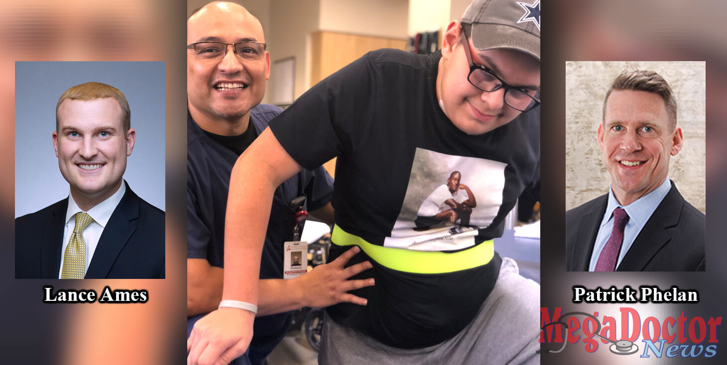 Pictured is 14-year-old rehab patient Aristeo Cantu, Jr. and STHS physical therapists