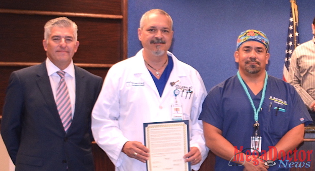 Robert D. Martínez, MD, Chief Medical Officer/Chief Physician Executive, DHR Health; Carlos Cárdenas, MD, Chairman, Board of Directors, DHR Health; Raúl Barreda, Jr., MD, Trauma Medical Director, Level III Trauma Center, DHR Health. On Tuesday, September 25, 2018, the Hidalgo County Commissioners Court endorsed efforts by DHR Health leaders, the region’s state legislative delegation, and a growing list of other elected governing bodies and private organizations, for a Level I Comprehensive Trauma Center(s) for the Rio Grande Valley, and for improved statewide trauma preparedness.