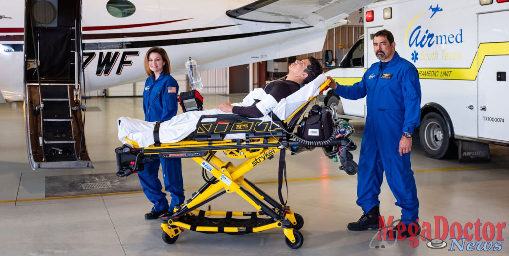 Featured: Leaders for Hidalgo County EMS/South Texas Air Med on Thursday, January 31, 2019, said they are finalizing a plan to provide helicopter air ambulance service to area hospitals, an announcement that came hours after Air Evac Lifeteam in McAllen immediately ceased operations. Hidalgo County EMS/South Texas Air Med professionals performing their duties in this image are Jessica Busby, RN, and Luis Corbiel, EMPT, FCP. Photograph by Tony Garza