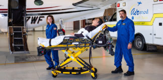 Featured: Leaders for Hidalgo County EMS/South Texas Air Med on Thursday, January 31, 2019, said they are finalizing a plan to provide helicopter air ambulance service to area hospitals, an announcement that came hours after Air Evac Lifeteam in McAllen immediately ceased operations. Hidalgo County EMS/South Texas Air Med professionals performing their duties in this image are Jessica Busby, RN, and Luis Corbiel, EMPT, FCP. Photograph by Tony Garza