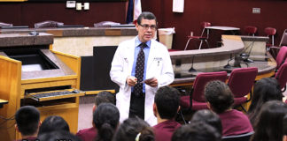 Dean Dr. Leonel Vela addressing students of the Pharr-San Juan-Alamo schools.