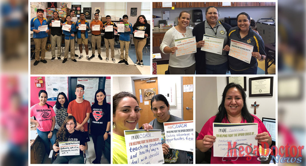 Pictured: Students and counselors from IDEA San Juan College Prep and Mission ISD share their roles in helping to ¬fight the opioid crisis. Photo for last week’s “National Prevention Week 2019”, a national health observance sponsored by the Substance Abuse and Mental Health Services Administration (SAMHSA) dedicated to increasing the prevention of substance use and promotion of mental health, and celebrating the successful prevention efforts of organizations and individuals.