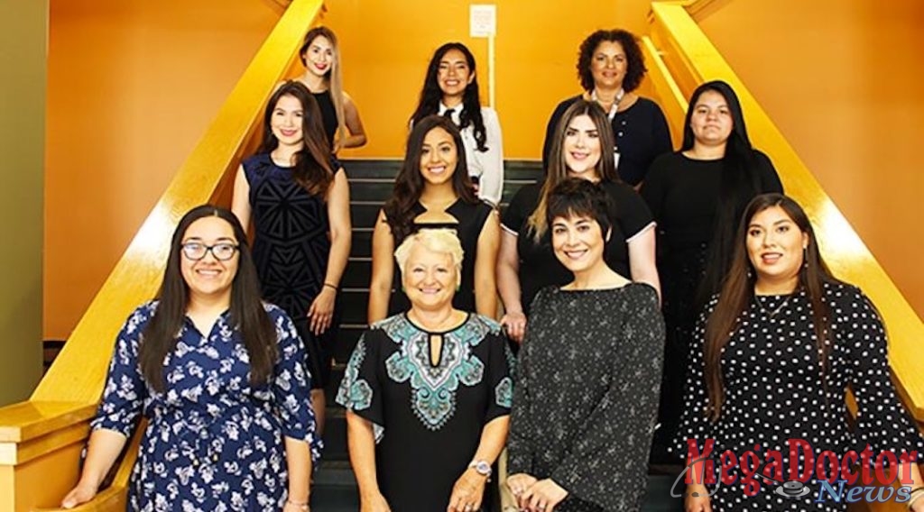 The UTRGV School of Nursing on May 23 welcomed eight students from the Pharr-San Juan-Alamo Independent School District who are prospective UTRGV nursing students enrolled in Project HEAL2 (Health Education and Leadership for All). The program, operated by the Region One Education Service Center, provides high school students interested in a nursing career with educational opportunities and experiences to kick start their career. Shown here are (front row, from left) student Erika M. Lopez; Dr. Sharon Radzyminski, dean, UTRGV School of Nursing; Dr. Eliza Alvarado, director, Project HEAL2 at Region One Education Service Center; and student Sandra L. Gonzalez. (Middle row, from left) Students Hailey Jasso, Ximena Cano, Mabel Garza and Rebecca Martinez. (Back row, from left) students Kaycee Garza and Kaelin Cabrera, and Nancy Nadeau, clinical associate professor and project coordinator of Project HEAL2 at the UTRGV School of Nursing.