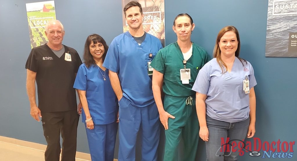 (From left) Manny Vela, CEO for Valley Baptist Medical Center-Harlingen and Valley Baptist Health System; Becky Stirzaker, Chief Human Resources Officer for Valley Baptist-Harlingen and South Texas Market; Stephen Hill, CNO for Valley Baptist-Harlingen; Dr. Christopher Romero, Valley Baptist-Harlingen Physician Adviser; and Rebekah Batot, Valley Baptist-Harlingen Hospital Compliance Officer participated in Hospital Week 2019 festivities at Valley Baptist-Harlingen on Thursday, May 16.