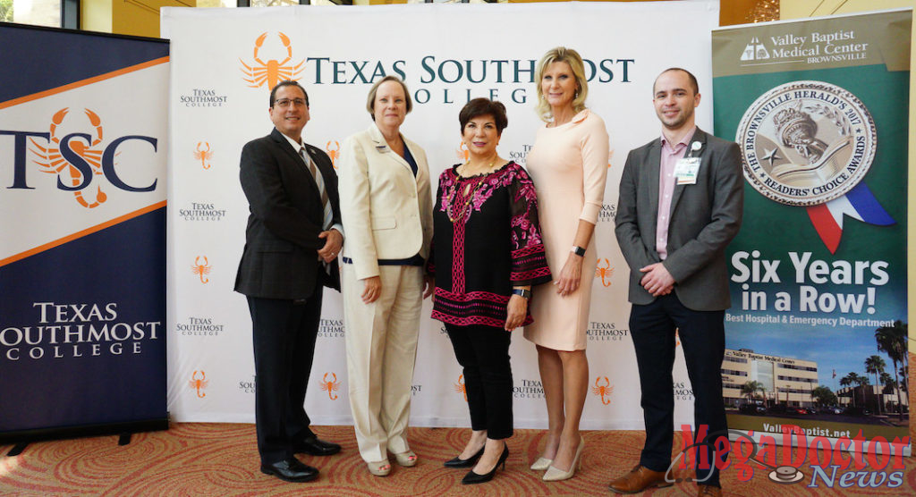 Texas Southmost College and Valley Baptist Medical Center-Brownsville expanded their longtime partnership to include the Certified Nursing Assistant program during a Signing Ceremony Aug. 28, 2019 at the TSC Performing Arts Center in Brownsville. From left, TSC President Jesús Roberto Rodríguez, TSC Vice President of Instruction Joanna Kile, TSC Board of Trustees Chairwoman Adela G. Garza, VBMC-Brownsville Chief Executive Officer Leslie Bingham and VBMC-Brownsville Director of Strategy Brandon Mohler.