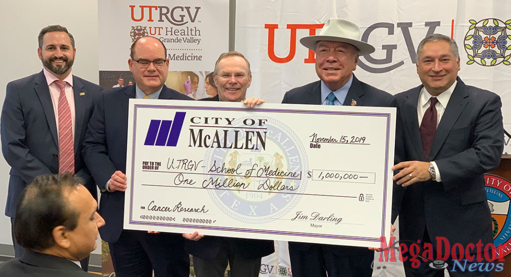 Pictured from L-R: McAllen City Commissioner Victor Haddad; Dr. John H. Krouse, UTRGV, EVP Health Affairs and Dean of the School of Medicine; McAllen Mayor Jim Darling; Sen. Juan “Chuy” Hinojosa and McAllen City Commissioner Javier Villalobos. Photo by Roberto Hugo Gonzalez