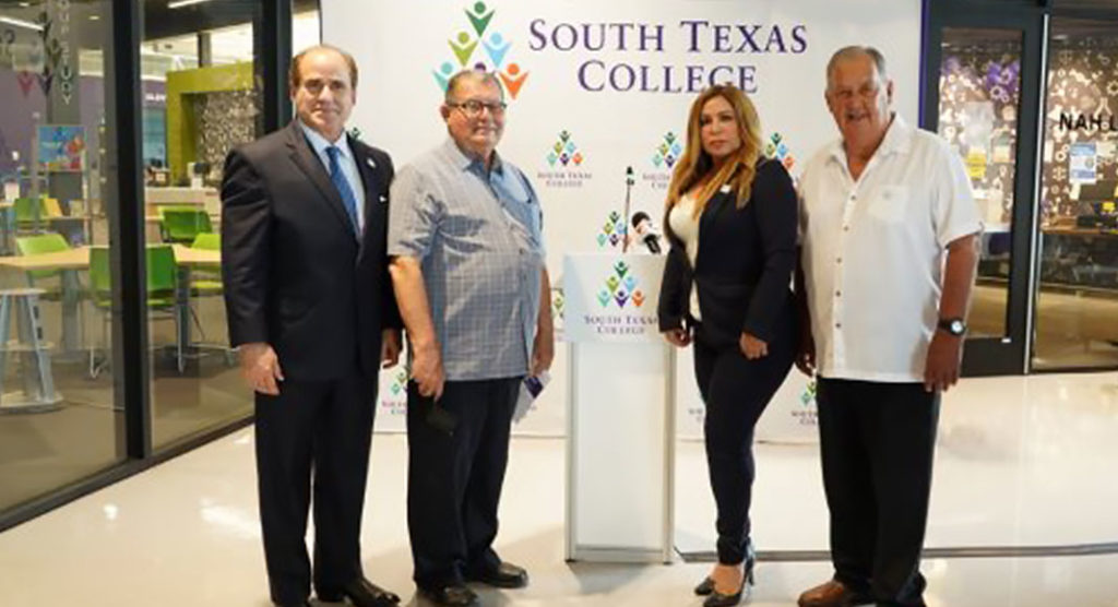 Left to right, South Texas College President Dr. Ricardo J. Solis, STC Trustee Dr. Alejo Salinas, Board Chair Rose Benavidez, and Hidalgo County Judge Richard Cortez announced their partnership to provide immunization coverage in communities in the Rio Grande Valley.
