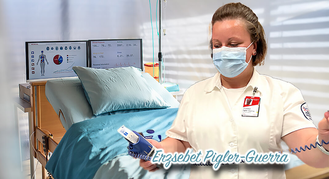 Erzsebet Pigler-Guerra, a TSTC Vocational Nursing student, prepares a thermometer during clinicals at a Raymondville ISD school campus. (TSTC photo)