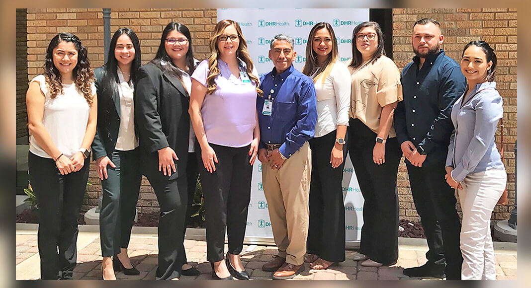 Janee Cox (fourth from left), director of recruitment for Doctors Hospital at Renaissance, and Marcos Gutierrez (fifth from left), recruitment manager for Doctors Hospital at Renaissance, celebrate the recent awarding of $1,500 scholarships from DHR Health to seven TSTC Nursing students (left to right): Stacy Hernandez, Minnie Aleman, Janee Cox, Cynthia Rios, Candace Gonzales. Ricardo Gonzalez and Joie Perez. (Photo courtesy of TSTC.)