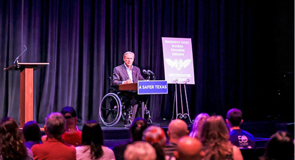 Governor Greg Abbott delivered remarks on state response efforts to combat drug overdoses and protect the lives of Texans at the 2022 Annual Montgomery County Overdose Awareness Day Event hosted by the Montgomery County Overdose Prevention Endeavor (M-COPE) in The Woodlands. PHOTO: Office Of The Governor