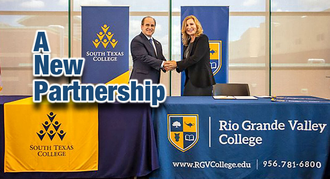 The Physical Therapy Assistant program at South Texas College announced its partnership with Rio Grande Valley College in Pharr in a Memorandum of Understanding (MOU) ceremony Wednesday. STC President Dr. Ricardo J. Solis (left) and RGV College CEO and founder Dr. Annabelle Palomo formally signed the MOU, which streamlines PTA students’ transfer of general education courses from STC to the upstart college.   Image Courtesy of STC