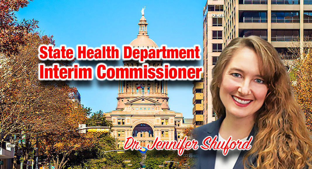 The Texas Health and Human Services Executive Commissioner Cecile Erwin Young today named Dr. Jennifer Shuford interim commissioner of the Texas Department of State Health Services, effective Oct. 1, replacing Dr. John Hellerstedt who is retiring from state service. Image Source:  https://www.dshs.state.tx.us; Bgd for illustration purposes