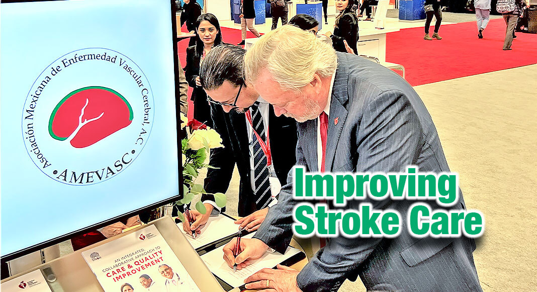  
John Meiners and Juan Calleja Castillo signing contract
John Meiners, chief of mission-aligned businesses and health care solutions for the American Stroke Association and Juan Calleja Castillo, vascular neurologist and president of the Mexican Stroke Association sign the Collaborative Memorandum of Understanding between the American Stroke Association and the Mexican Stroke Association (AMEVASC) – Improving Stroke Care in Mexico. Image Courtesy of American Stroke Association