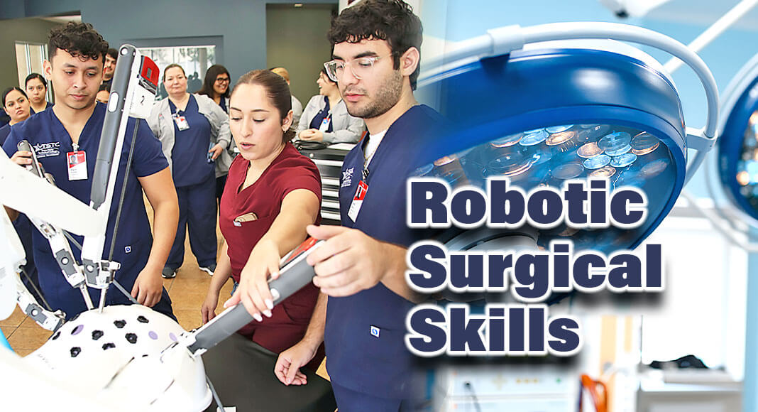TSTC Surgical Technology students Miguel Flores (left) and Rene Arce (right) observe Brianna Alvarado (center), a clinical representative for Intuitive Surgical Inc., show how to properly manipulate a robotic arm on the da Vinci Xi surgical system during a recent one-day training session at TSTC’s Harlingen campus. (Photo courtesy of TSTC.)