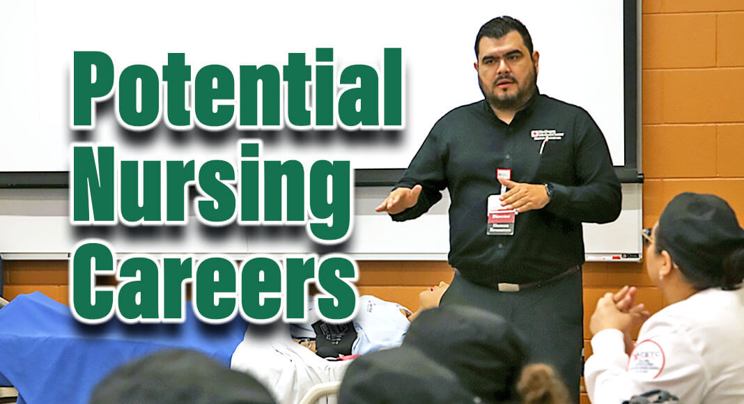 Ruben Mireles, human resources director for Harlingen Medical Center, speaks with TSTC Nursing students about job opportunities available at Harlingen Medical Center during a recent employer spotlight at TSTC’s Harlingen campus. (Photo courtesy of TSTC.)