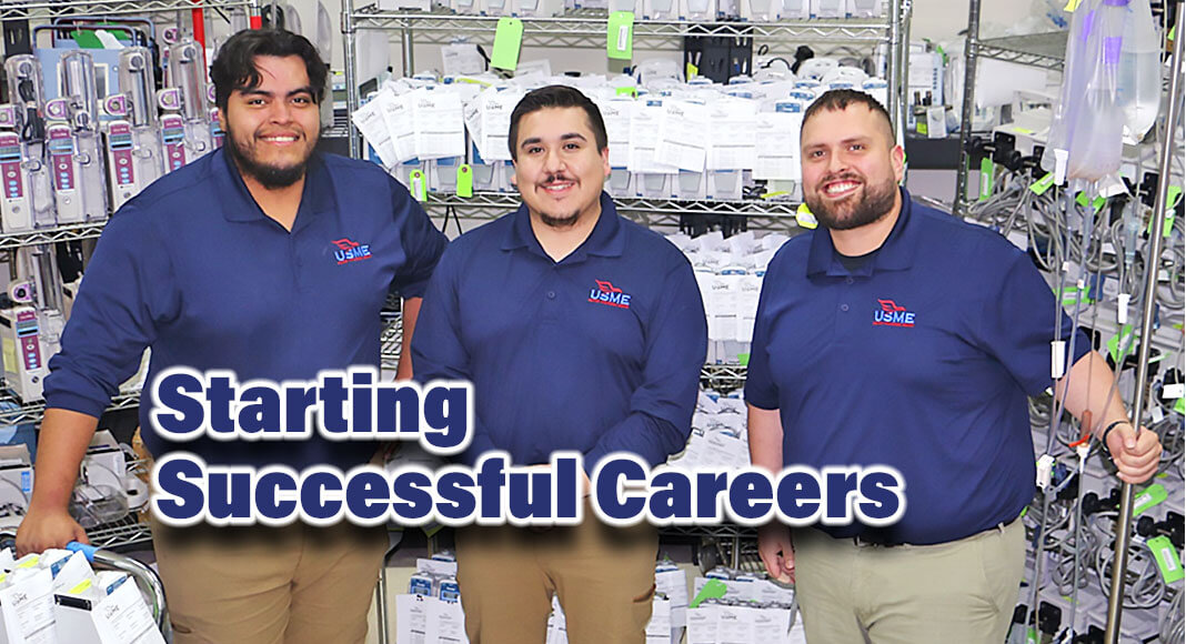 TSTC Biomedical Equipment Technology students (left to right) Eber Trejo, Juan Aguilar and Joseph Ybarra recently were hired as full-time biomedical equipment technicians with US Med-Equip in Houston. (Photo courtesy of US Med-Equip.)
