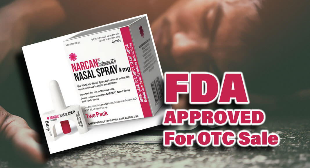 The U.S. Food and Drug Administration approved Narcan, 4 milligram (mg) naloxone hydrochloride nasal spray for over-the-counter (OTC), nonprescription use. Image Source: https://www.drugs.com/imprints/medicine-33892.html