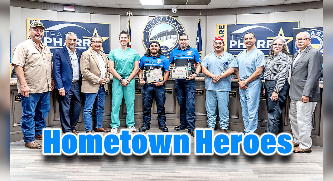 During a City of Pharr commission meeting on Monday, April 17, South Texas Health System presented the two advanced emergency medical technicians (EMTs) — Aaron Sierra, 27, and Jesus Balderas, 33 — with its Hometown Heroes award for their quick response to the cardiac arrest call last month. Courtesy Image