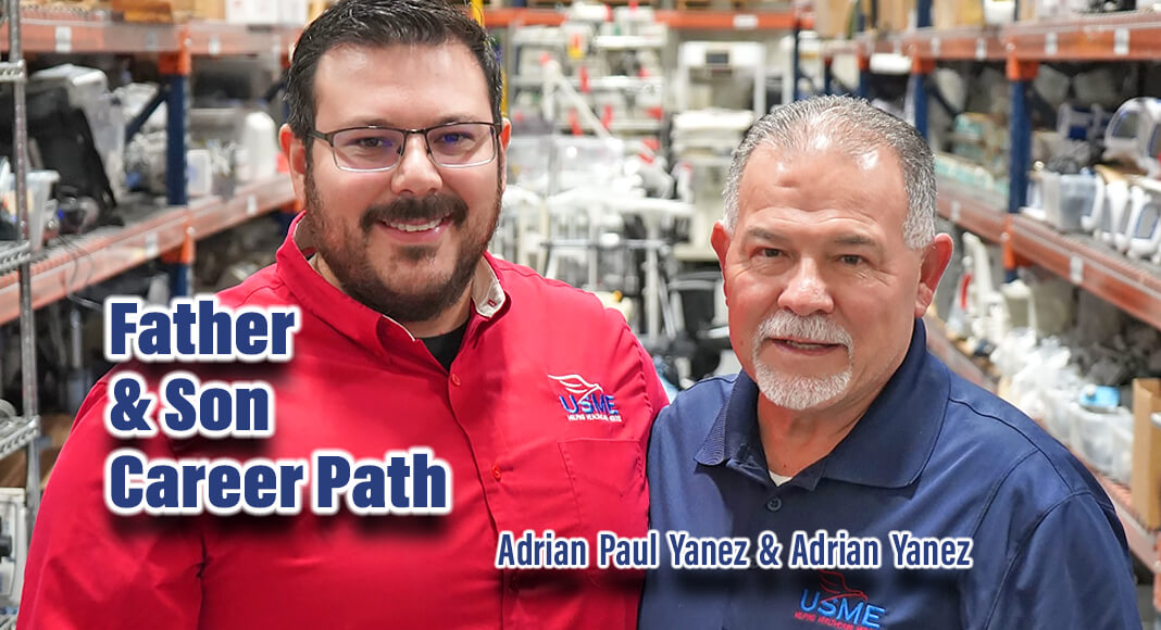 TSTC Biomedical Equipment Technology student Adrian Yanez (right) recently was hired as a full-time biomedical equipment technician with US Med-Equip in Houston. His son, Adrian Paul Yanez (left), graduated from the same program and works for the same company. (Photo courtesy of TSTC.)