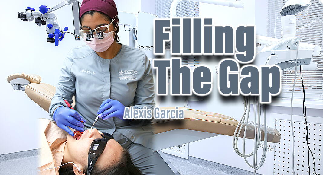 TSTC Dental Hygiene student Alexis Garcia (right) uses a scaler instrument to practice cleaning teeth on Hilary Navarro, an incoming Dental Hygiene fall semester student, during a recent lab session. (Photo courtesy of TSTC.)